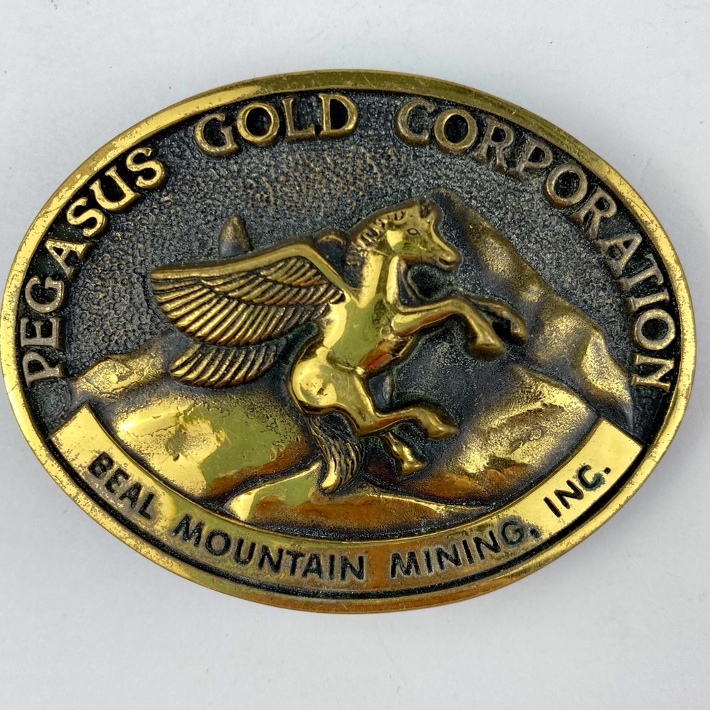 Vintage Pegasus Gold Corp Brass Belt Buckle Beal Mountain Mines  3.5 in Oval